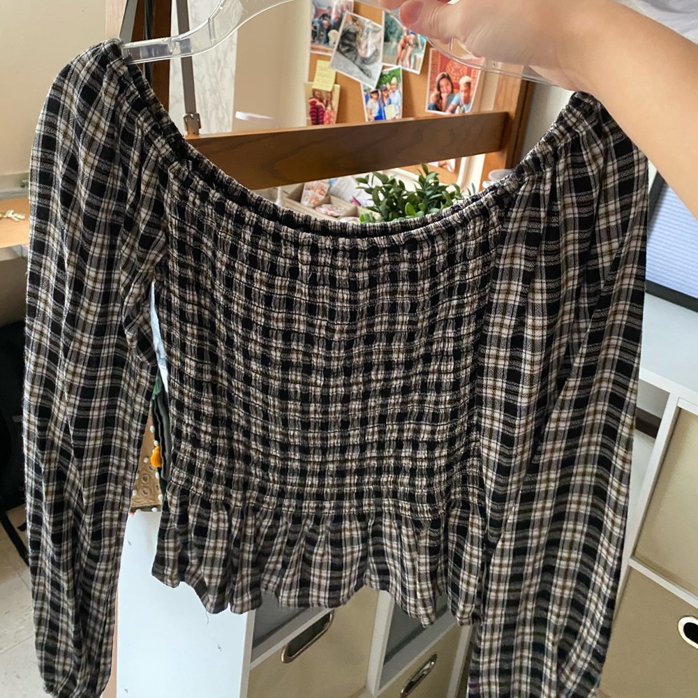 Plaid peplum top off the shoulder
